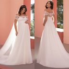 6129#Robe de mariée de maternité à manches courtes en dentelle, col rond, traîne balai