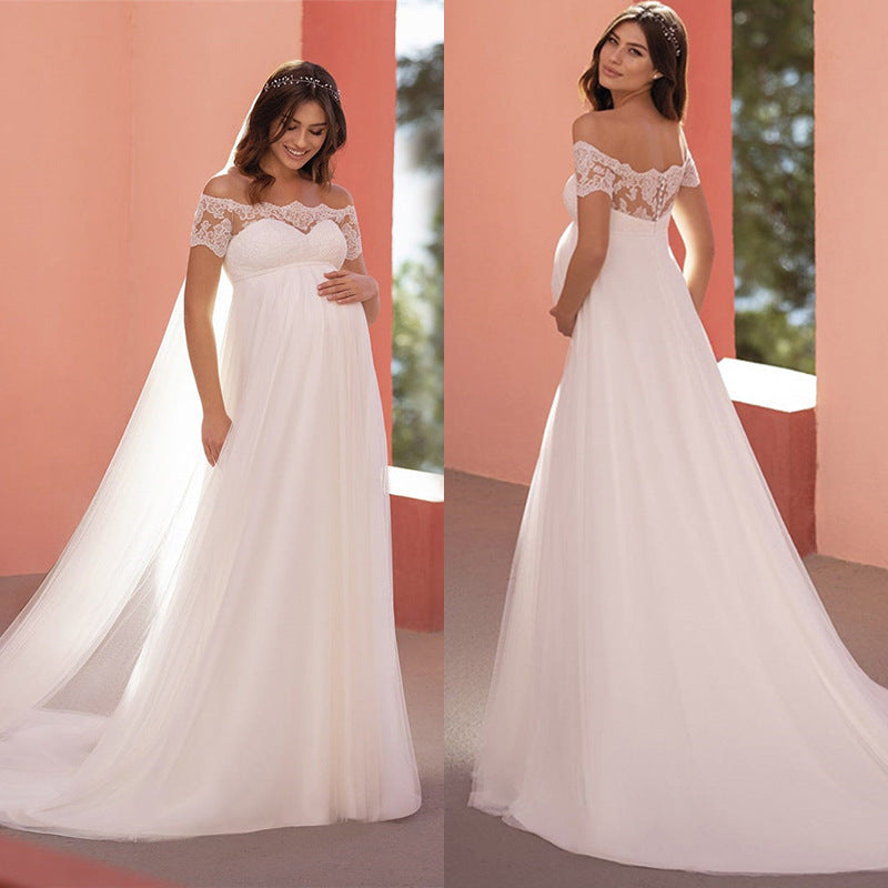 Maternity wedding dress short-sleeved lace one-line collar mop tail bridal dress