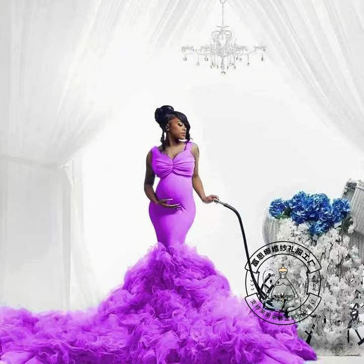 Nouvelle robe photo de grossesse à taille filet souple, queue de poisson, élastique, ample pour grand ventre