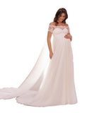 6129#Robe de mariée de maternité à manches courtes en dentelle, col rond, traîne balai