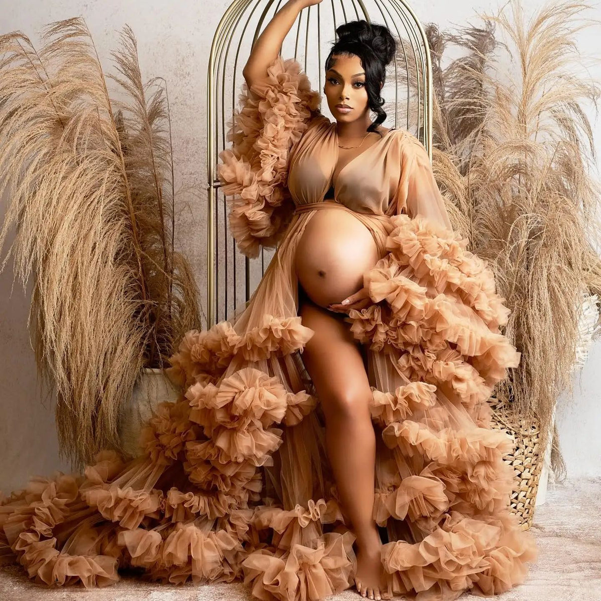 Robe de bal sexy à col en V, volantée à l'avant avec fente, manches Tauze, tenue de maternité à volants pour photographie de grossesse