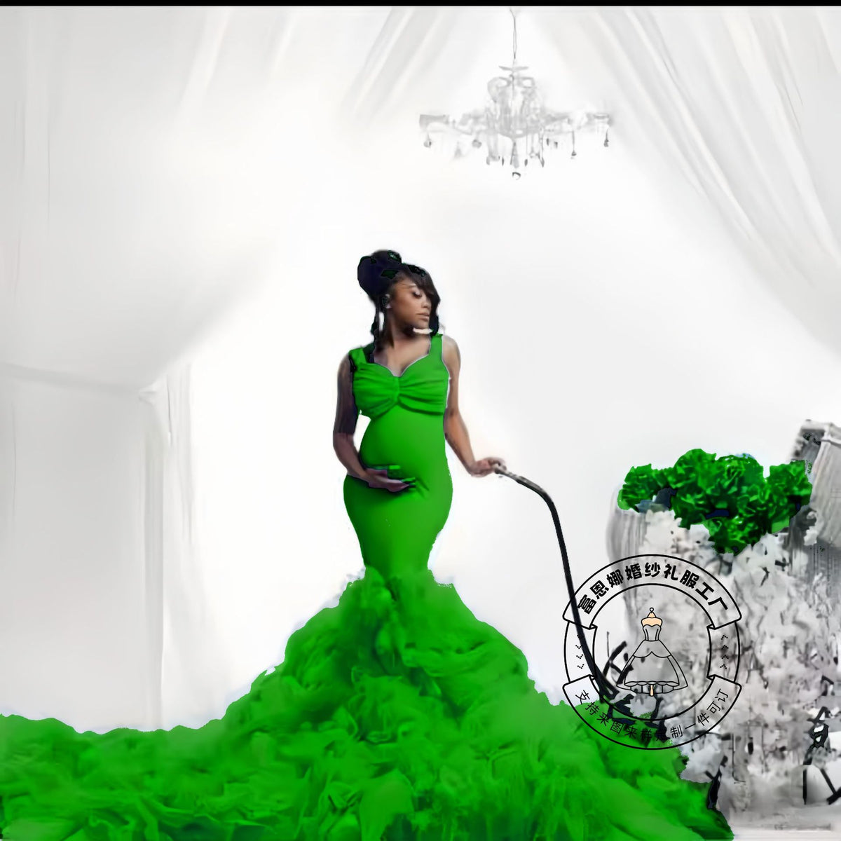 Nouvelle robe photo de grossesse à taille filet souple, queue de poisson, élastique, ample pour grand ventre
