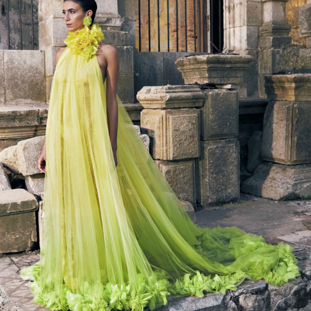 Robe suspendue au cou, grande ouverture dans le dos, en tulle, robe de maternité, robe de bal, robe de mariée, robe de matinée, robe d'intérieur privée