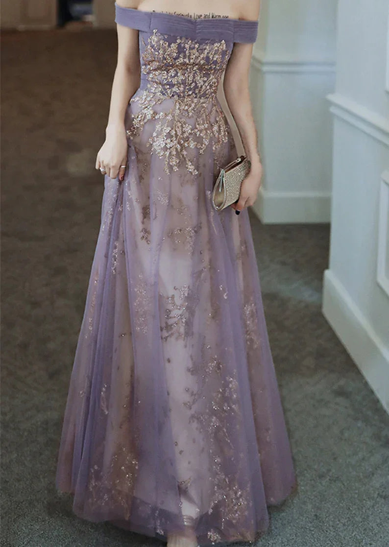 Vestido de Baile Roxo Sonhador com Ombros Descobertos Vestido de Noite Elegante Longo para Banquete Vestido de Festa Sem Mangas Vestido de Formatura para Rapariga Y4286