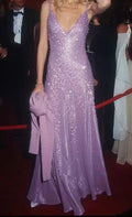 Wunderschönes Abendkleid aus Satin mit tiefem V-Ausschnitt und Perlenbesatz, lila, festliches Ballkleid Y8168