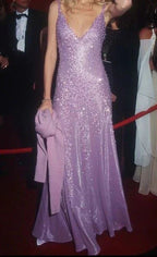 Wunderschönes Abendkleid aus Satin mit tiefem V-Ausschnitt und Perlenbesatz, lila, festliches Ballkleid Y8168