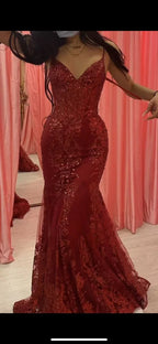 Charming Red Mermaid Lace Appliques Prom Dress,Evening Dress Winter Dance Dress Y4345