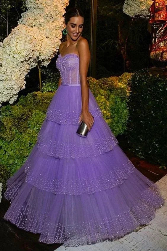 Sparkly Light Purple A-line Evening Dress Wedding Guest Dress Y4702