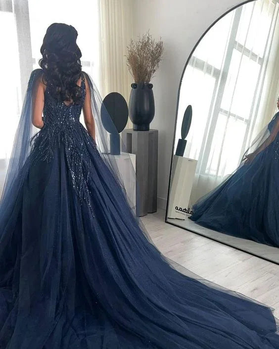 فستان سهرة فاخر بأكمام طويلة من التول برقبة مربعة لامعة باللون الأزرق البحري Y4883