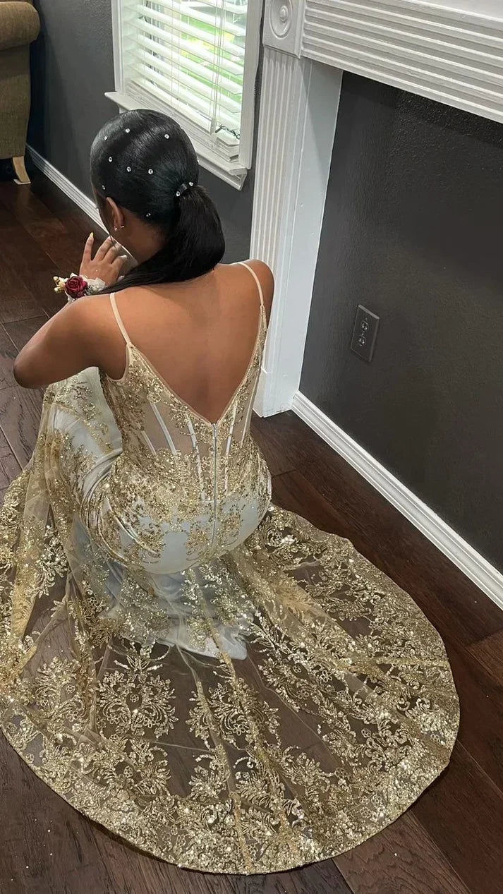 Vestido de Noite Dourado Estilo Sereia com Corpete Bordado Princess Y5887