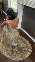 Vestido de Noite Dourado Estilo Sereia com Corpete Bordado Princess Y5887