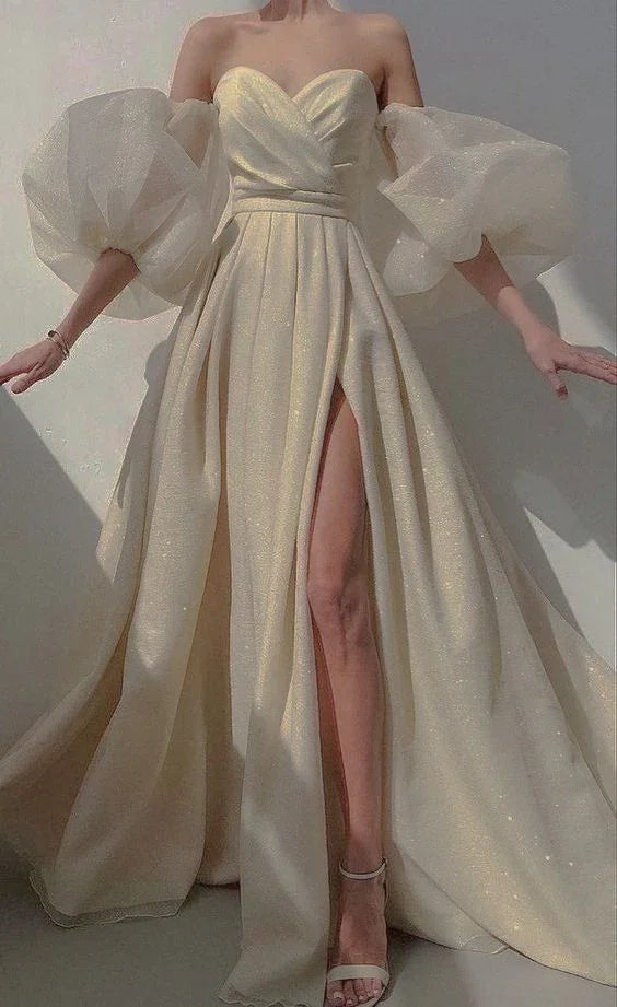Robes de bal pour femmes à manches bouffantes avec fente, longue robe de soirée scintillante romantique de fée, Y2420