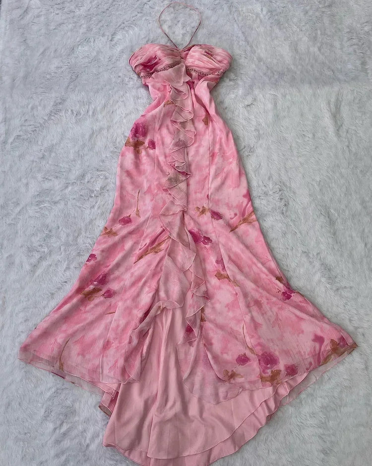 Vestido de noche con volantes y estampado floral en gasa rosa, escote halter, corte sirena, vestido de gala Y8306