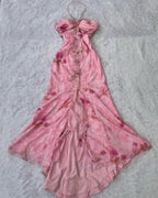 Vestido de noche con volantes y estampado floral en gasa rosa, escote halter, corte sirena, vestido de gala Y8306