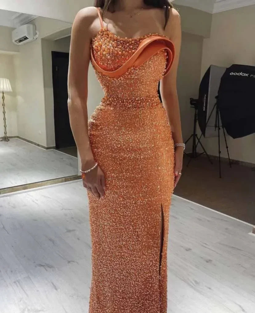 Vestido de noite laranja alças finas pérolas frisadas lantejoulas renda vestidos a direito Y6648