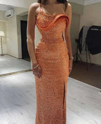 Vestido de noite laranja alças finas pérolas frisadas lantejoulas renda vestidos a direito Y6648