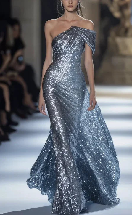Glitter One Shoulder Sequins Mermaid Prom Dress Long Evening Dress Y8349