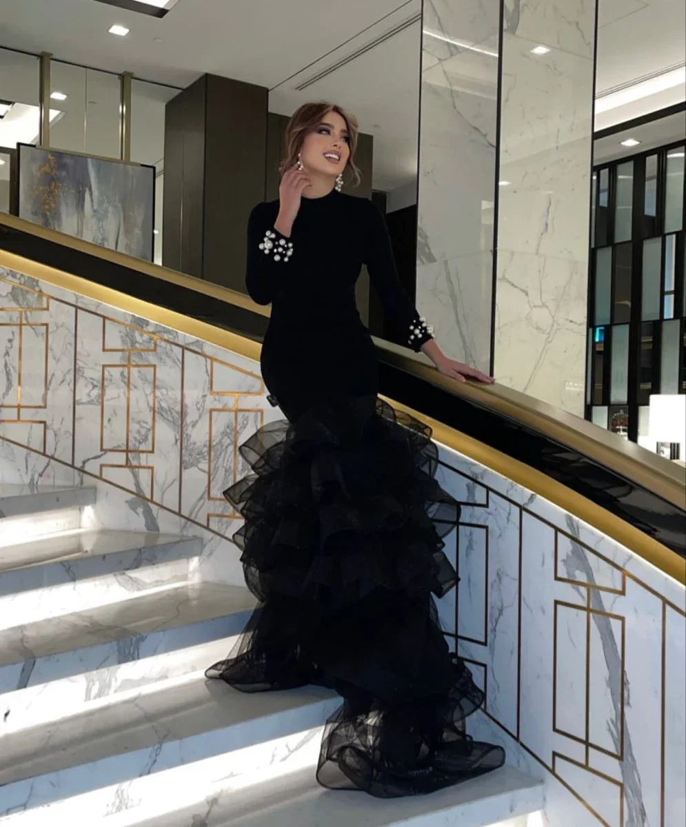 Black Evening Dress Puffy Skirt Long Sleeve Satin Mermaid Dubai Formal Evening Party Gowns Y4908