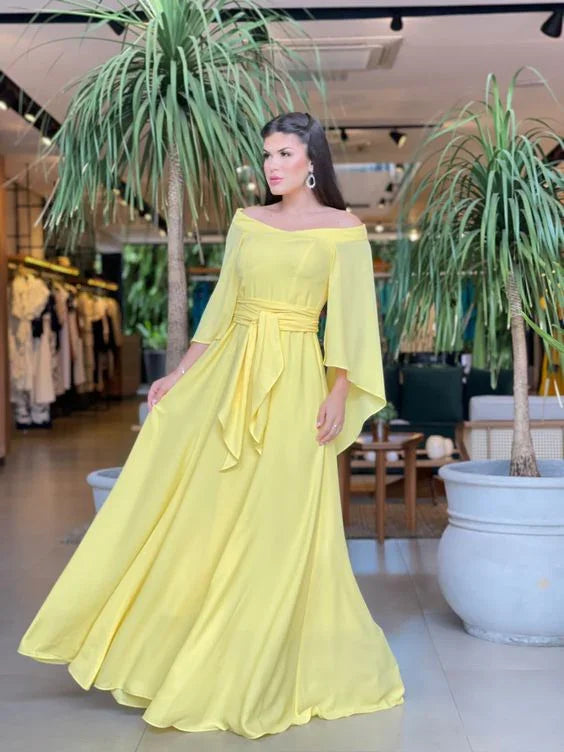 Vestido de baile amarelo em chiffon com corte evasê Vestido de noite amarelo Y5815