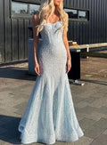 Vestido de Noite Sereia Deslumbrante com Lantejoulas e Contas, Alças Azuis, Vestido de Baile Y8444