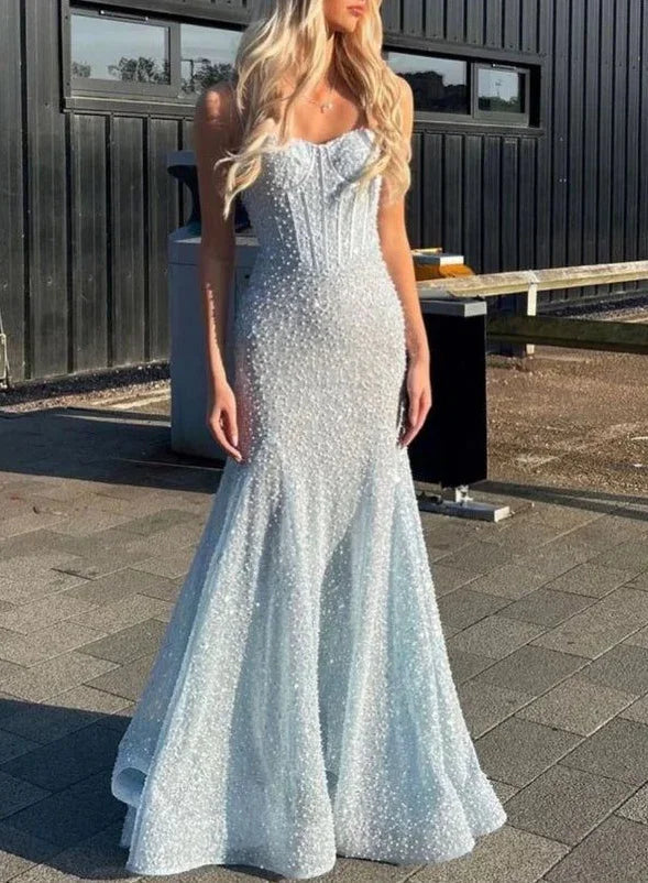 Vestido de Noite Sereia Deslumbrante com Lantejoulas e Contas, Alças Azuis, Vestido de Baile Y8444