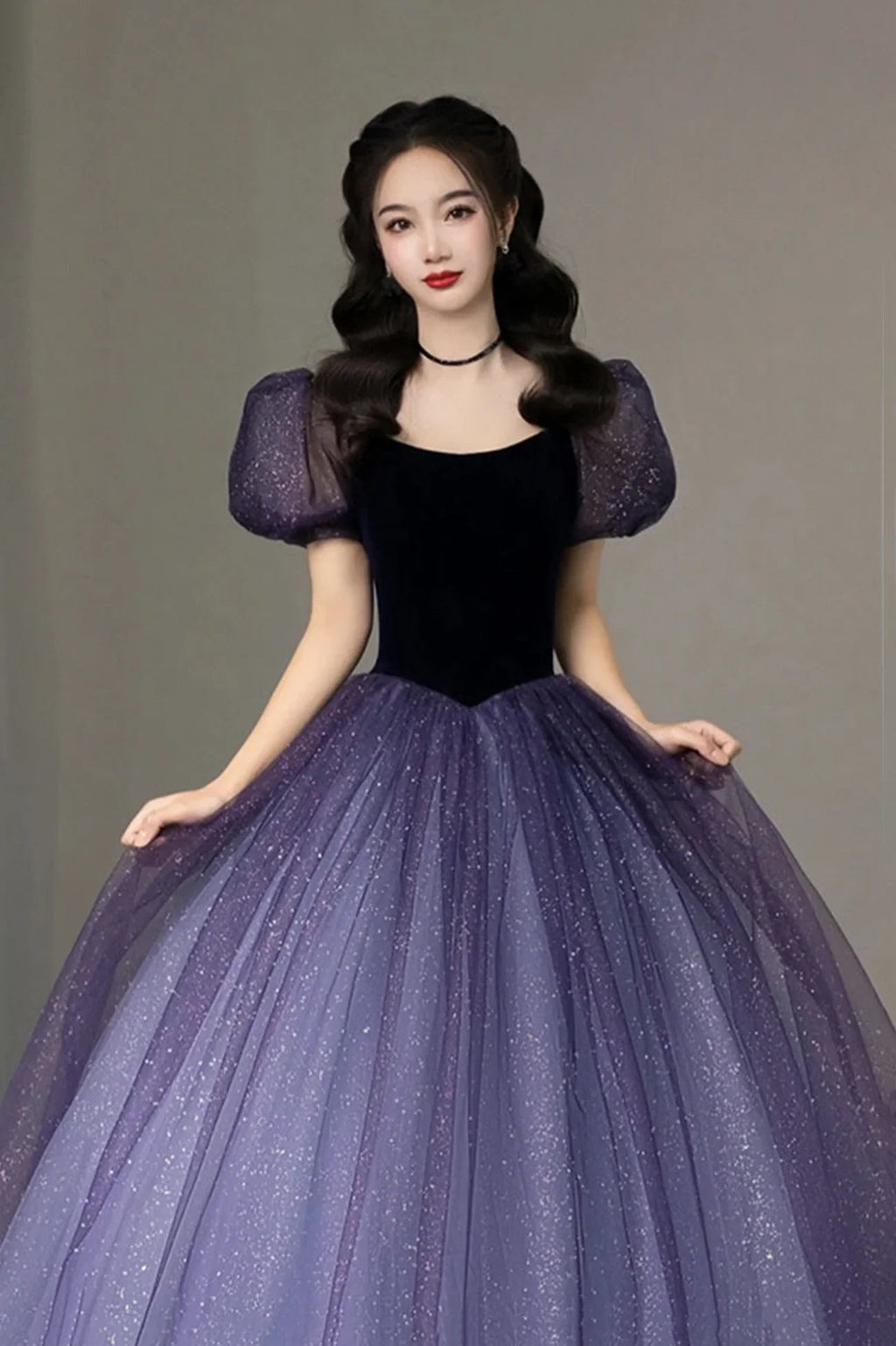Lila Tüll Kurzarm Festliches Kleid Niedliches A-Linien Abendkleid Y4291