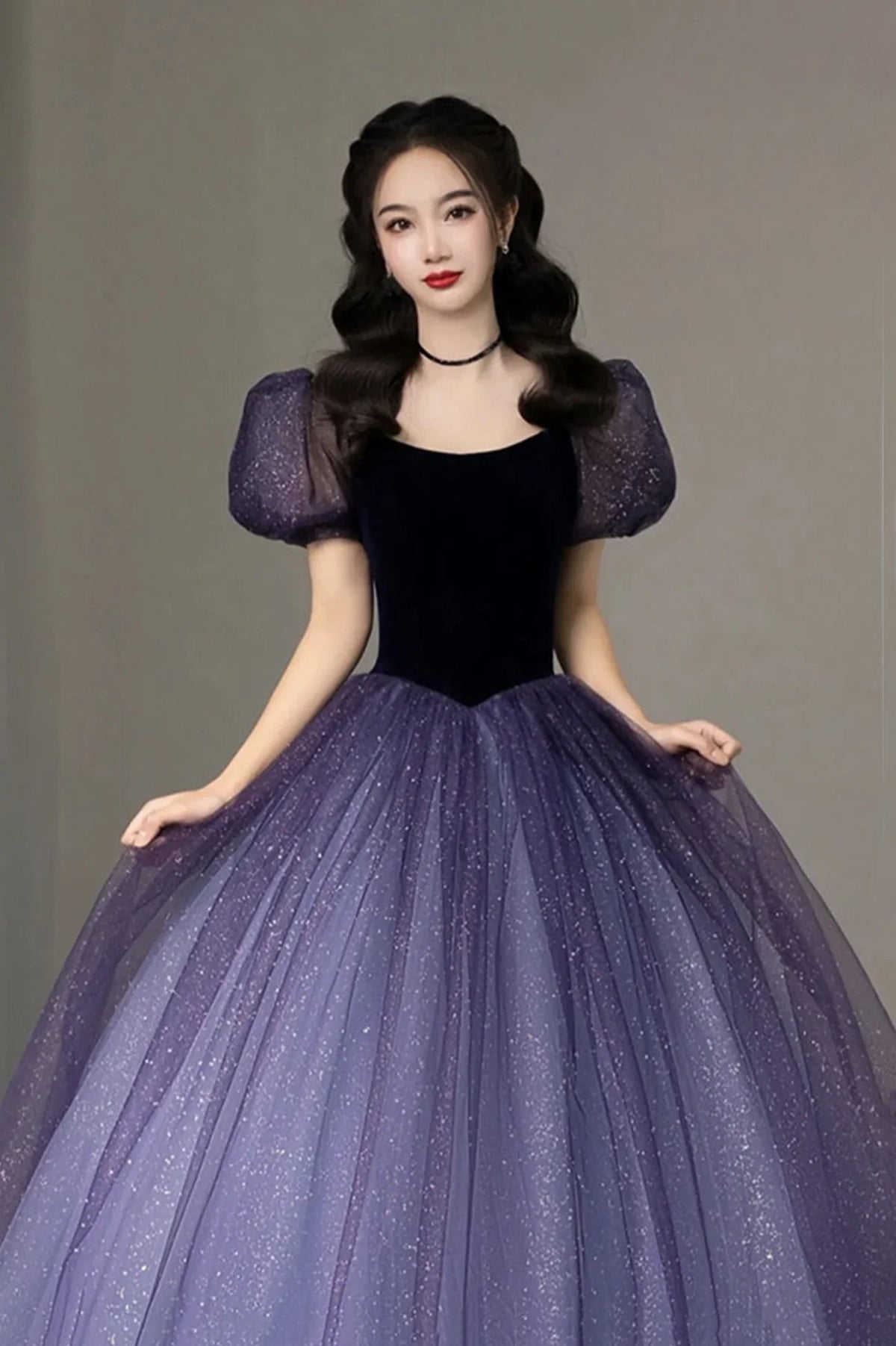 Lila Tüll Kurzarm Festliches Kleid Niedliches A-Linien Abendkleid Y4291