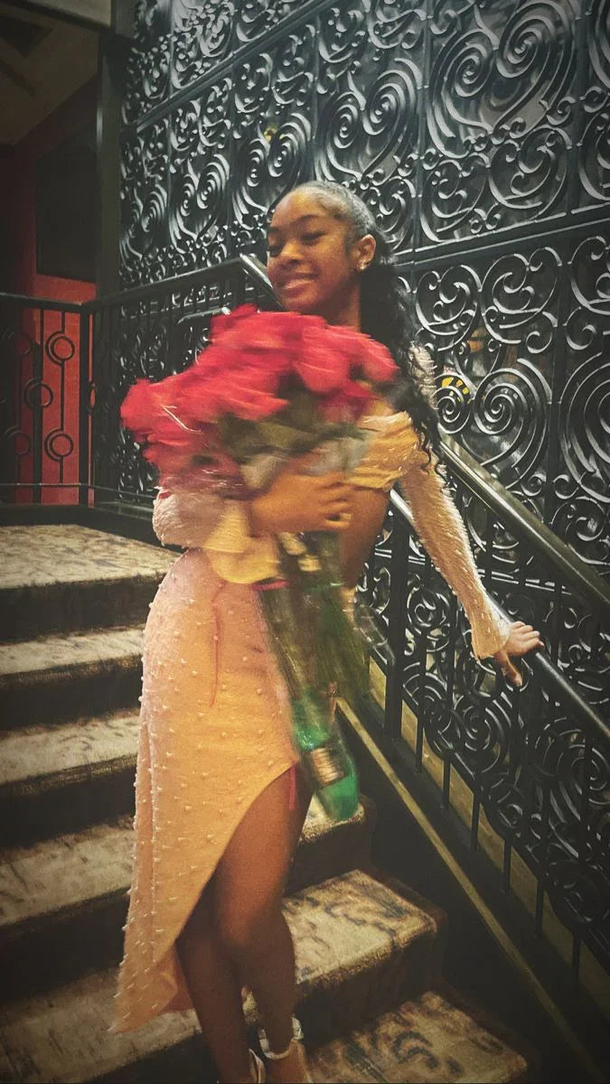 Vestido de Noite Rosa Sedutor com Fenda e Contas de Pérolas Vestido de Baile Y8325