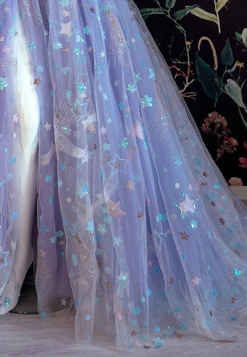 Beautiful Light Purple Tulle Dress Floral Dress Off Shoulder Sweetheart Dress A-line Evening Dresses With Slit Start App