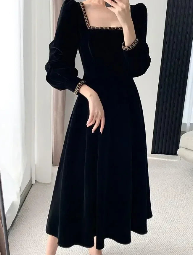 فستان مخملي نسائي بأكمام طويلة وياقة مربعة أنيق ضيق بتصميم رقع فستان سهرة موضة Y6744
