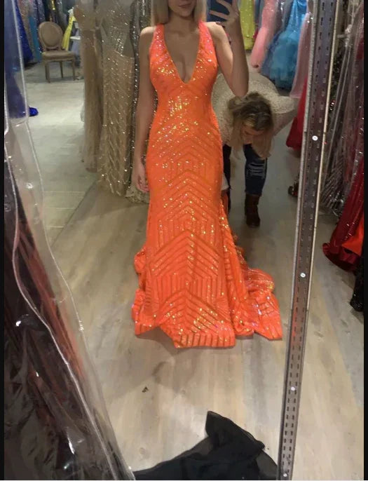 Sexy funkelndes Meerjungfrauen-Kleid mit V-Ausschnitt und Pailletten, langes Ballkleid, orangefarbenes Abendkleid Y1397