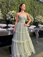 Elegant Green A-line Strapless Maxi Long Party Prom Dress Evening Dress Y4823