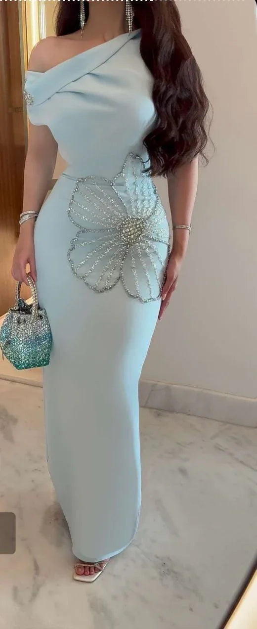 Chic One Shoulder Satin Beaded Prom Dress Blue Evening Dress Y8260
