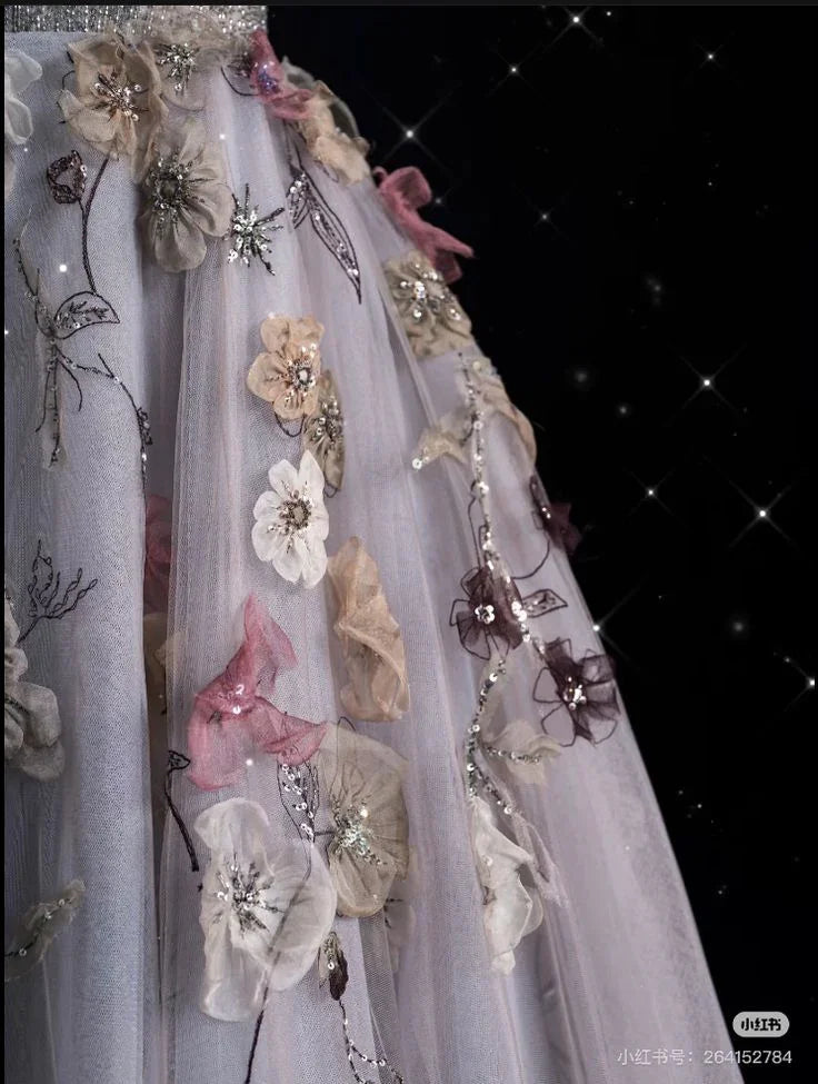 Charming V Neckline Gray Tulle Floral Ball Gown Long Evening Gown Prom Dress Y7953