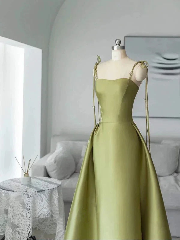 Vestido de fiesta largo hasta el suelo de satén con tirantes finos, corte en línea A, sencillo Y7011