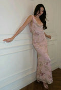 Classy Pink Chiffon Print Floral Long Evening Dress Sheath Prom Dress Y8273