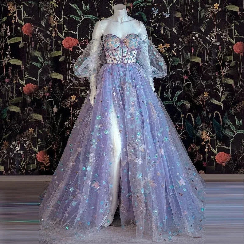 Beautiful Light Purple Tulle Dress Floral Dress Off Shoulder Sweetheart Dress A-line Evening Dresses With Slit Start App