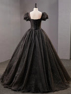 Black Square Neckline Tulle Long Prom Dress Shiny Black Evening Dresses Y4386