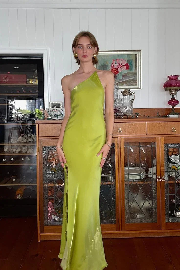 Vestido de Festa Longo Elegante Verde, Modelo Tubinho, Um Ombro, Com Fenda, Costas Descobertas, Vestido de Noite Y8550