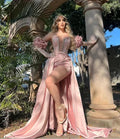 Vestido de fiesta largo de satén rosa brillante con cuentas, corte sirena y abertura, vestido de noche con guantes Y8534