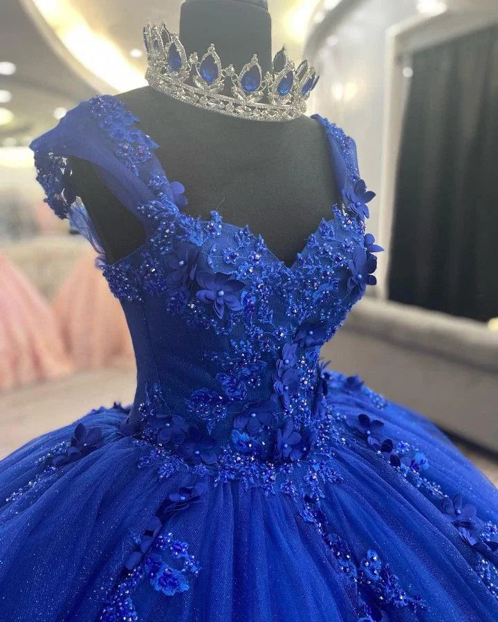 Vestido de baile em tule com apliques azul real, vestido para os 16 anos, vestido de princesa, Y2478