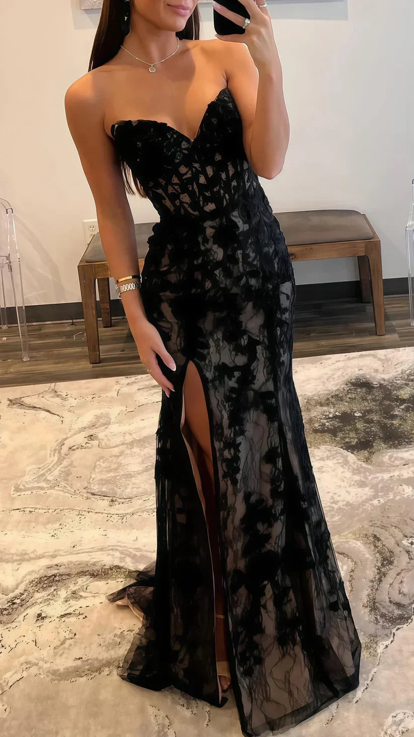 Black Evening Dress Sexy Strapless Sweetheart Lace Slit Mermaid Prom Dress Y8017