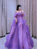 Vestido de noche morado de tul en línea A con hombros descubiertos Vestido de princesa Y5627
