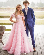 Vestido cor-de-rosa de tule com folhos Vestido de baile de tule Corpete Vestido de noite de tule Y6093