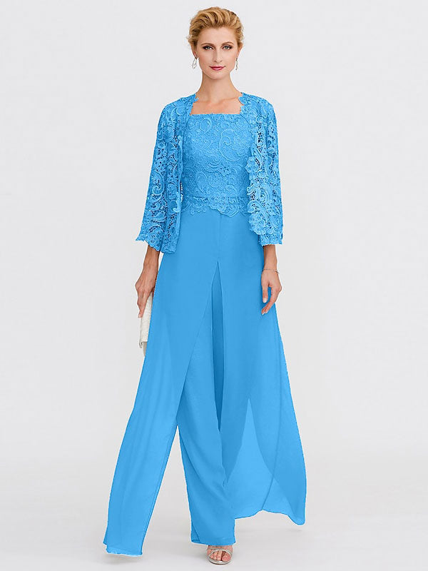 3 Piece Chiffon Square Neck Mother of the Bride Pantsuits with Jacket
