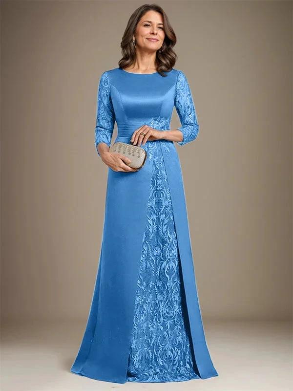 A-Line Scoop Floor-Length Lace Satin Mother Of the Bride Dress With Applique by Dreamylily