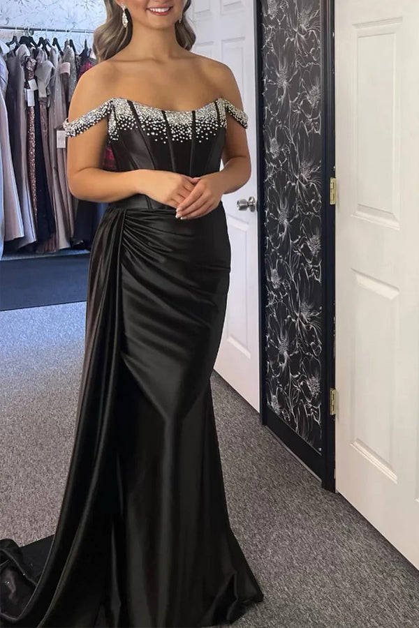 Vestido de fiesta largo negro de corte sirena con hombros descubiertos y cuentas PSK611