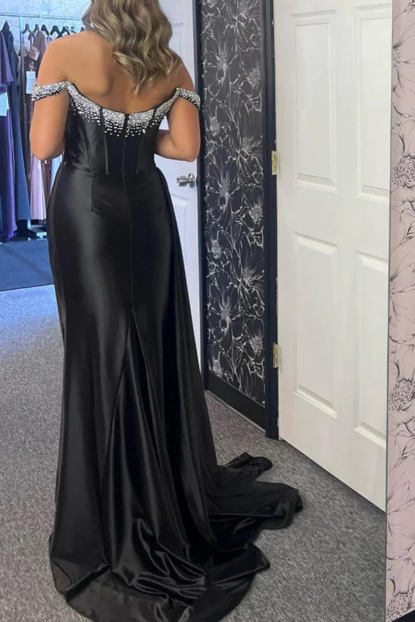 Vestido de fiesta largo negro de corte sirena con hombros descubiertos y cuentas PSK611