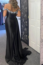 Vestido de fiesta largo negro de corte sirena con hombros descubiertos y cuentas PSK611