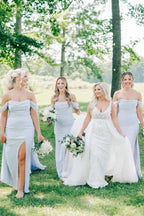Off-Shoulder Pleated Light Blue Long Bridesmaid Dress with Split BD142